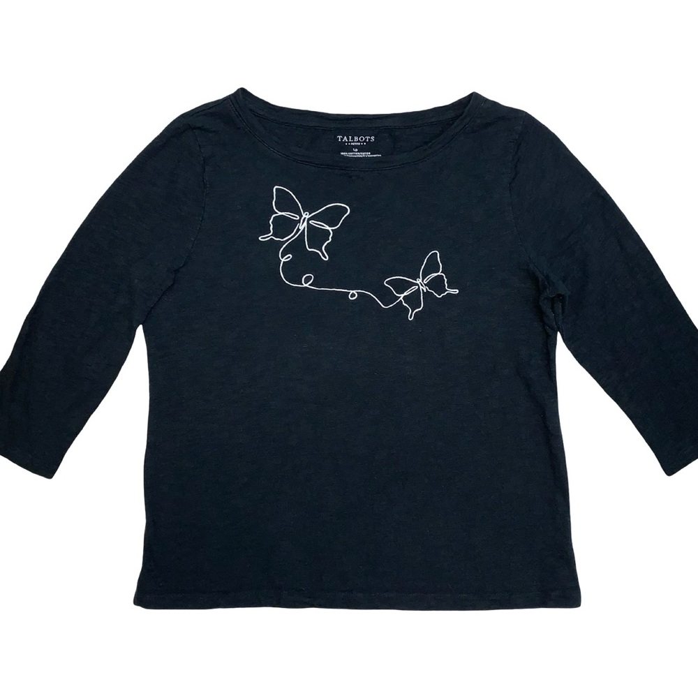 Talbots Petite Embroidered Butterflies Long Sleeves Top Large Black Cotton